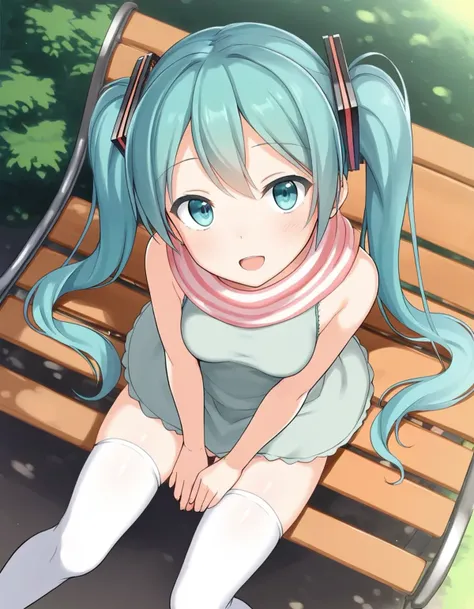 score_9, score_8_up, score_7_up, score_6_up,score_5_up,score_4_up, 1girl sitting on a park bench, dutch angle, smile, looking at viewer, (hatsune miku:0.8), pink striped scarf, green dress ,sleeveless dress, head tilt, dappled sunlight, white thighhighs,  open mouth, from above, long scarf, head tilt, 
<lora:yone_kinji_style_pony6_v2-000028:.6>