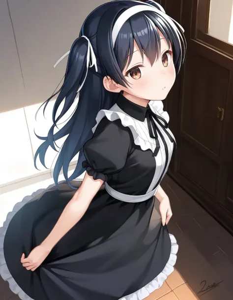 score_9, score_8_up, score_7_up, score_6_up,score_5_up,score_4_up, 1girl, solo, two side up, dress, short sleeves, white ribbon, parted lips, black dress, black hair, brown eyes, puffy short sleeves, puffy sleeves, ribbon, frills, looking at viewer, blush, skirt hold, :o, hair ribbon, indoors, hair between eyes, black ribbon, frilled dress, standing, signature, neck ribbon, long hair, white bow, collared dress, feet out of frame, white hairband, blue hair, bow, dutch angle, from side, from above, head tilt
hairband<lora:yone_kinji_style_pony6_v2-000028:.6>