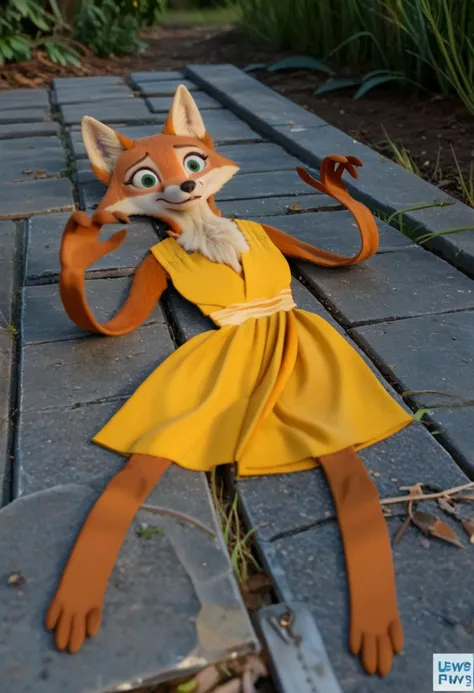 score_9_up,score_8_up,score_7_up,score_6_up,score_5_up,
<lora:flattening-ponyxl-v1:1.3>, (flattening:1.3), (curly:1.3),
Mrs fox, fury, felicity fox, fluffy fur, skinny, yellow dress, big beautiful eyes, confused , realistic fur, four fingers, deflated, laying on the ground, <lora:add-detail-xl:1> <lora:xl_more_art-full_v1:0.1>