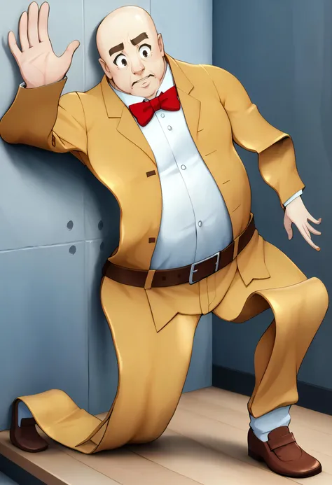 score_9, score_7_up BREAK (flattening:1.2),flattened,folded,p5principal, solo,male focus,fat man, obese, bald,yellow jacket, formal, white shirt, red bow tie, belt, yellow pants, brown shoes,thick eyebrows <lora:p5kobayakawa-pdxl-nvwls-v1:0.8> <lora:flattening_pony-adafactor-8x4-4x1-cs1:1.6>