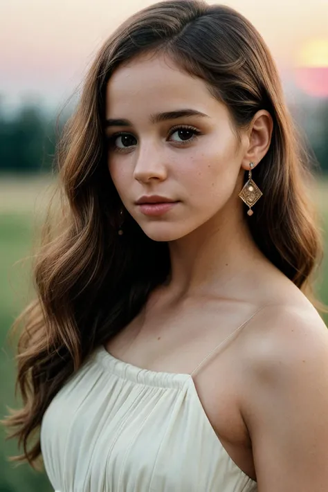 photo of (abapt1sta-135:0.99), a woman, perfect hair, posing, (modern photo, dress), (closeup portrait), earrings, 24mm, (analog, cinematic, film grain:1.3), (sunset), ((detailed eyes)), (epicPhoto), (color picture:1.1)