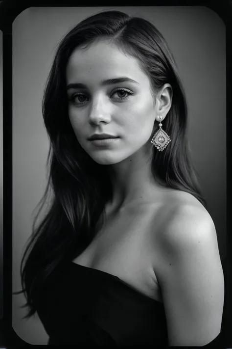 photo of (abapt1sta-135:0.99), a woman, perfect hair, posing, (modern photo, black dress), (closeup portrait), earrings, 24mm, (tintype), (analog, cinematic, film grain:1.3), ((plain Agreeable Gray background, gradient)), ((detailed eyes)), (epicPhoto), (color picture:1.1)