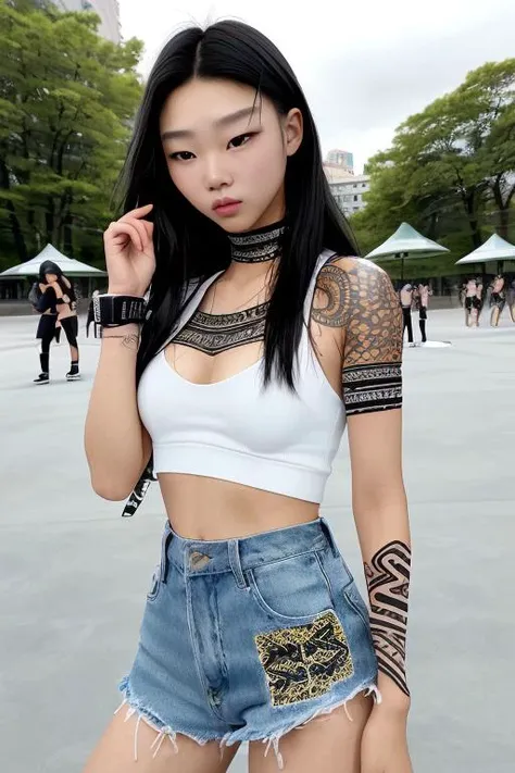 YoonYoungBae photo of dynamic posture, slender physique, pouty, teasing smirk, (extremely detailed:1.3), (textured skin:1.3), (slutty makeup:1.3), small, petite, lipstick, (detailed eyes), highres, realistic lighting, freckles, choker, (skateboarder clothes :1.2), (background in public park:1.2), (sunny:1.3), (tribal tattoo:1.3)<lora:YoonYoungBae:1.0>