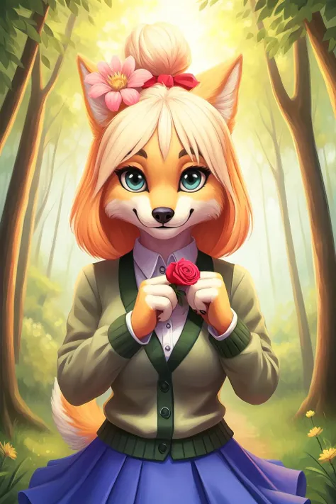 (masterpiece, best quality:1.2), (good anatomy, good hands:1.2), isacrossing, topknot, green cardigan, white shirt, blue skirt, red ribbon, checkered pattern, anthro, furry, furry female, forest, giving a flower, centered, looking at viewer, smiling, <lora:isabelle:0.8>