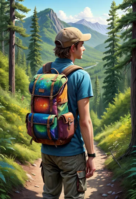 Backpack, Hiking Trail, Wearer's back, The backpack rests comfortably on the hiker's back, filled with supplies for the journey ahead. The trail winds through the forest, offering breathtaking views of nature's beauty, Pointillism Art, detailed lines, vibrant colors, playful details, whimsical feel