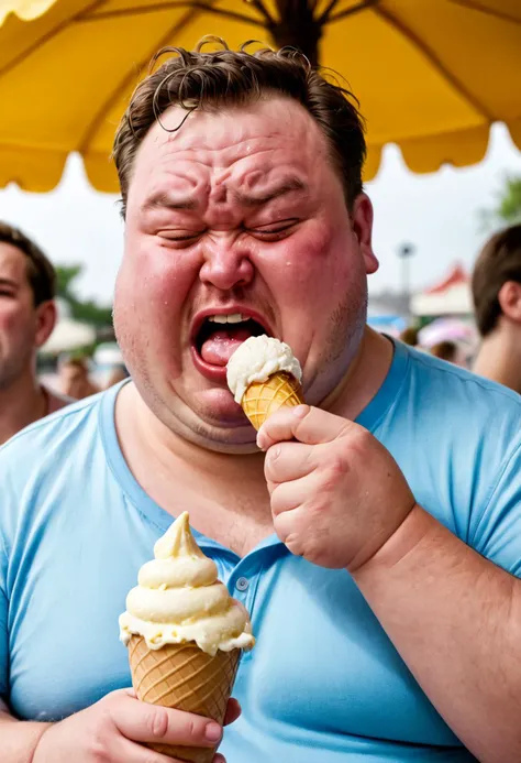 Fat man crying over icecream