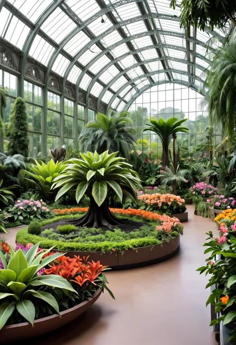 Plant, Botanical Garden, Indoor display, The plant thrives in its indoor display, surrounded by lush greenery and colorful blooms. Visitors admire its beauty and intricate foliage, Traditional Cartoon, rounded shapes, soft shading, basic textures, nostalgic feel