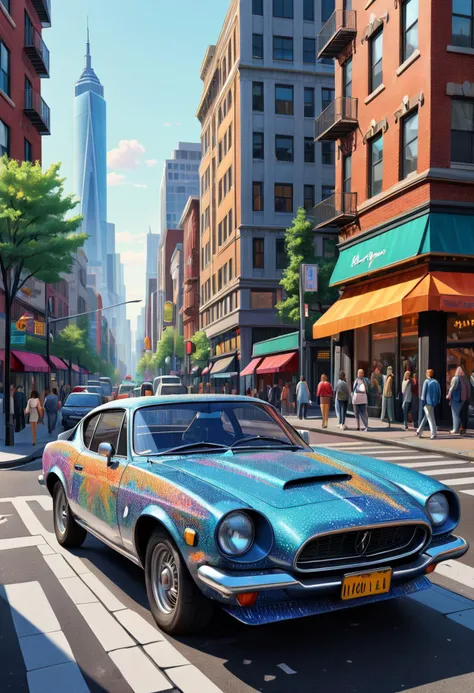 Car, Street, Side view, The car is parked on the street, its sleek design catching the eye of passersby. Nearby, traffic flows steadily, and pedestrians navigate the bustling cityscape, Pointillism Art, detailed lines, vibrant colors, playful details, whimsical feel