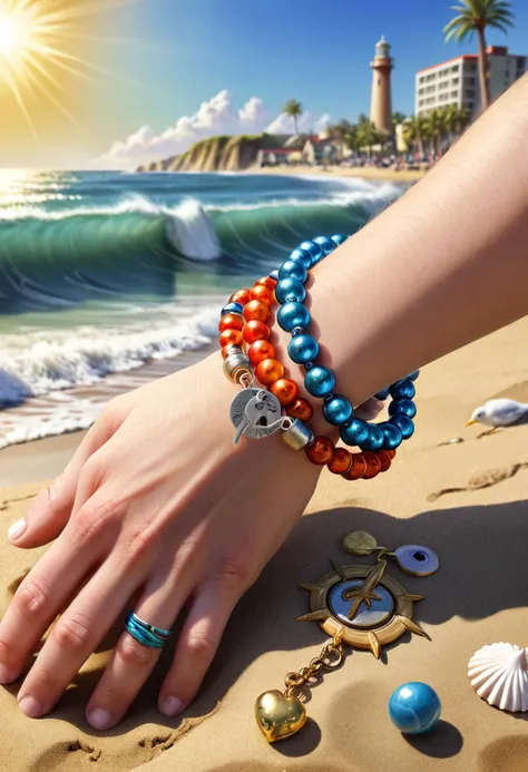 Bracelet, Beach, Wrist, The bracelet adorns the wrist of a beachgoer, its beads and charms glinting in the sunlight. Nearby, waves lap against the shore, and seagulls cry overhead, Pencil Cartoon, exaggerated features, vibrant colors, humorous depictions, comedic timing