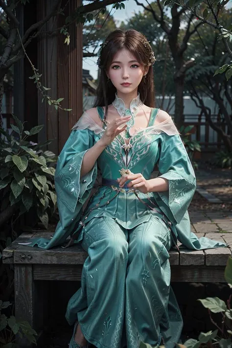 1girl, solo, Beautiful princess in the jungle, Chinese style architecture, perfect face, perfect eyes,perfect hands, serious, details, realistic,hotography,looking at viewer, hanfu, Red embroidered Hanfu, blurry background, softfocus,ningrongrong-shen