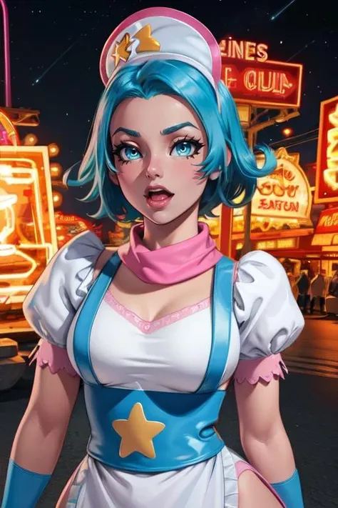 cornet, short blue hair, blue eyes, sitting, spread legs, cleavage,
nurse cap, white dress, blue maid apron with star (symbol), white underwear, puffy sleeves, pink scarf, blue sleeve cuffs,
smile,
night, ship, amusement park, stars, neon lights, food table, frog building,
(insanely detailed, beautiful detailed face, masterpiece, best quality) <lora:cornet:0.7>