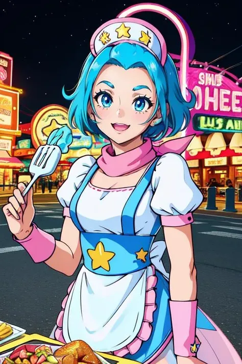 cornet, short blue hair, blue eyes, 
nurse cap, white dress, blue maid apron with star (symbol), white underwear, puffy sleeves, pink scarf,   blue sleeve cuffs, 
 upper body, happy, standing,    smile, 
night, ship,  amusement park,  stars, neon lights,  food table,  frog building, 
(insanely detailed, beautiful detailed face, masterpiece, best quality)  <lora:cornet:0.7>