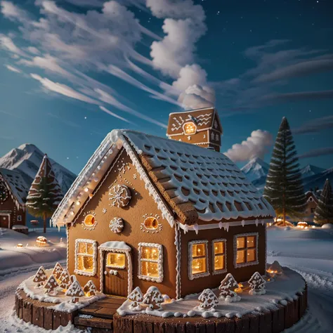 photo realistic small village of gingerbread house houses in a snowy night full of warm lights, cotton wool smoke chimney, candy, detailed mountains in background <lora:Gingerbread_Houses-000002:1>