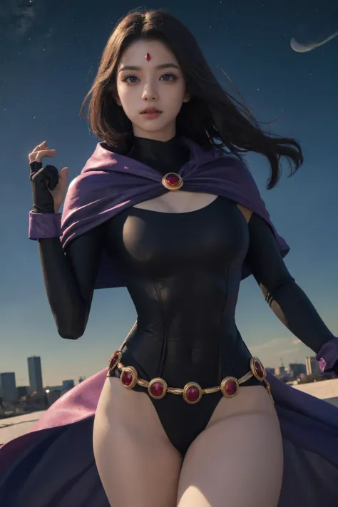 (Best Quality, Masterpiece:1.4), (Realism:1.2), (Realisitc:1.2), (Absurdres:1.2), (photorealistic:1.3), 1girl,Realistic Skin,Solo,( Very Big Eyes,beautiful detailed eyes, symmetric eyes), <lora:raven:.95>, raven, 1girl, solo, breasts, medium breasts, gloves, belt, fingerless gloves, cape, leotard, colored skin, highleg, black leotard, highleg leotard, grey skin, forehead jewel, loose belt, outdoors, flying, night sky, skyline, sky,