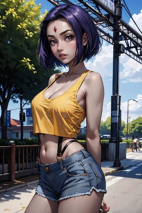 masterpiece, best quality, 1girl, solo, looking at viewer, breasts, <lora:ravdc-guy-v2:.95>, ravdc, (grey skin:1.2), colored skin, forehead jewel, navel, cleavage, shorts, midriff, crop top, short shorts, suspenders, tank top, denim, blue shorts, denim shorts, outdoors, yellow shirt, arms behind back,