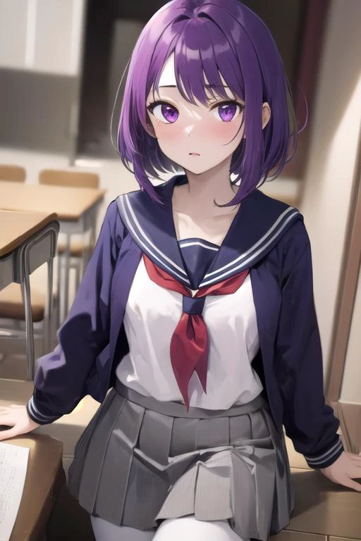 high definition, ravdc,( 1 girl, grey skin, purple hair:1.2), school girl outfit <lora:ravdc-guy-v2:0.85>