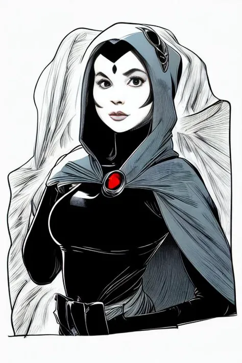 best quality, female raven dc comics, 1girl , perfect anatomy, short blue air, medium crimson red diamond on forehead, torso
perfect anatomy, dark blue cape and long coat, hoodie covering head in black and white, cartoon style, b&w, comic book <lora:ravenLora_v01:1>