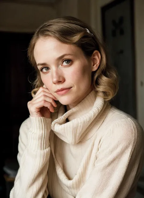 portrait of 1girl n4nna, wearing Cowl neck sweater, looking at viewer, highly detailed, film grain, vogue photoshoot, 35mm photograph, professional, 4k, highly detailed,