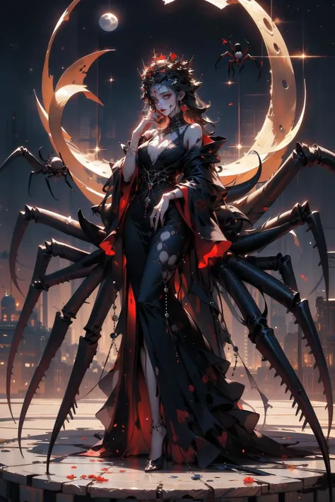 masterpiece,best quality,ultra-detailed,photorealistic,realistic,photography,1girl,solo,crown,earrings,pearls and jewels,full body,long fingernails,black dress,SPIDER LEGS,horror theme,fear,sinophobia,night,moon,<lora:md-000009:0.8>,