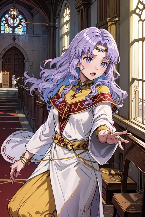 Jumping, pretending to catch a floating feather,anger vein,cowboy shot,<lora:saraV2:0.85>,def_sara,light purple hair,wavy hair,dress, long sleeves, jewelry, circlet,robe, bridal gauntlets, long dress, gem, bracelet, wide sleeves,yellow long skirt,indoors,chapel, (masterpiece, best quality, ultra-detailed, best shadow)