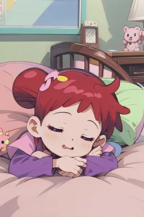 <lora:0010doremi:1>,doremi,solo,<lora:SleePeace2:0.8>,sleepeace,print_pajamas,otaku room,futon,cushion,stuffed_animal,pillow,