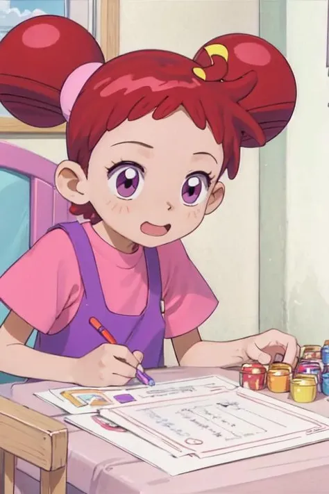 Anime girl sitting at a table with a pencil and paper - SeaArt AI
