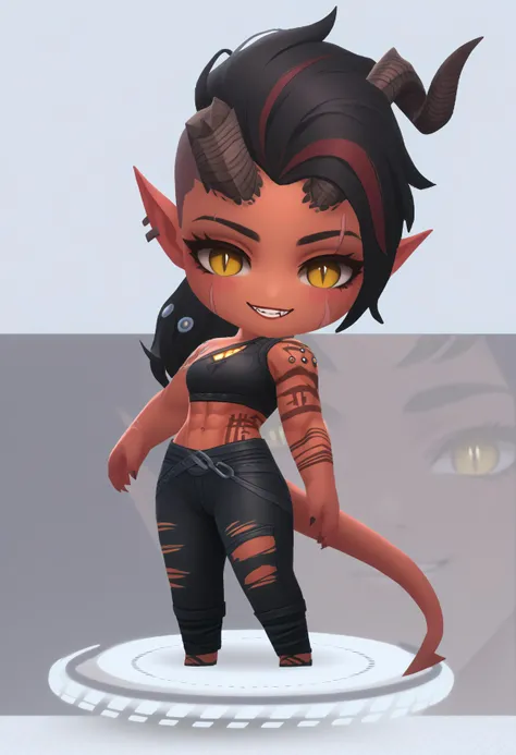 score_9, score_8_up, score_7_up, BREAK source_cartoon, 1girl,<lora:chibi-nikke-richy-v1_pdxl:1>, solo, chibi, standing, full body <lora:KarlachBG3PDXL_V1-Manityro-adamw:1> KarlachBG3, demon girl, colored skin, slit pupils, tattoo, scars, toned, Yellow eyes, crop top, black pants, torn pants, smile