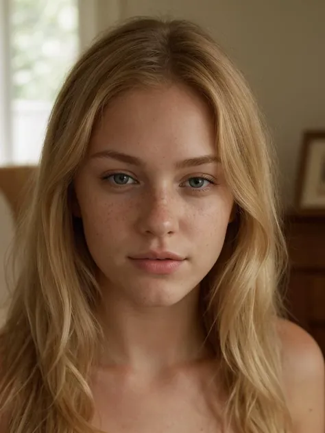 Portrait of a stunning 20 year old blonde in a country home, freckles, goosebumps, sensual look, hard shadows, soft lighting, sharp focus, skin details