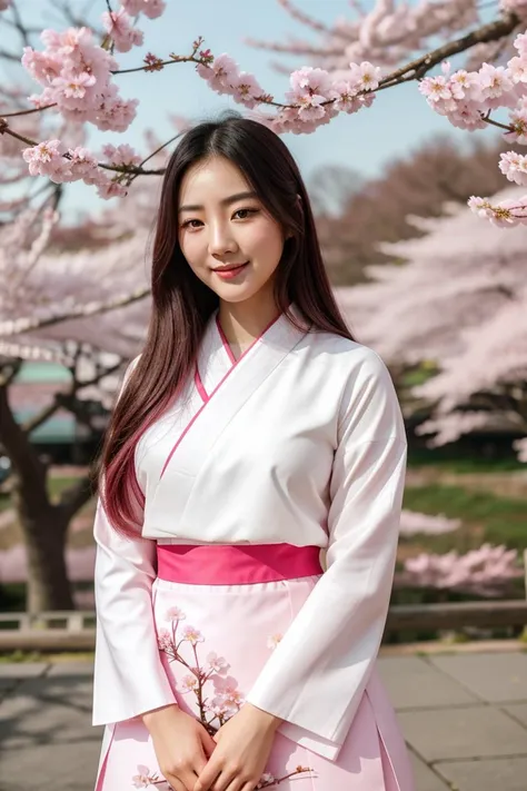 film grain and (medium full shot:1.2) and 8K HD RAW photo of one of the most beautiful korean young woman from instagram.com and fair light white skin and red eye shadow and (standing in front of sakura trees) and (hands in front of body) and wearing a beautiful pink red hanbok and smiling innocently at the audience and She has beautiful detailed fingers