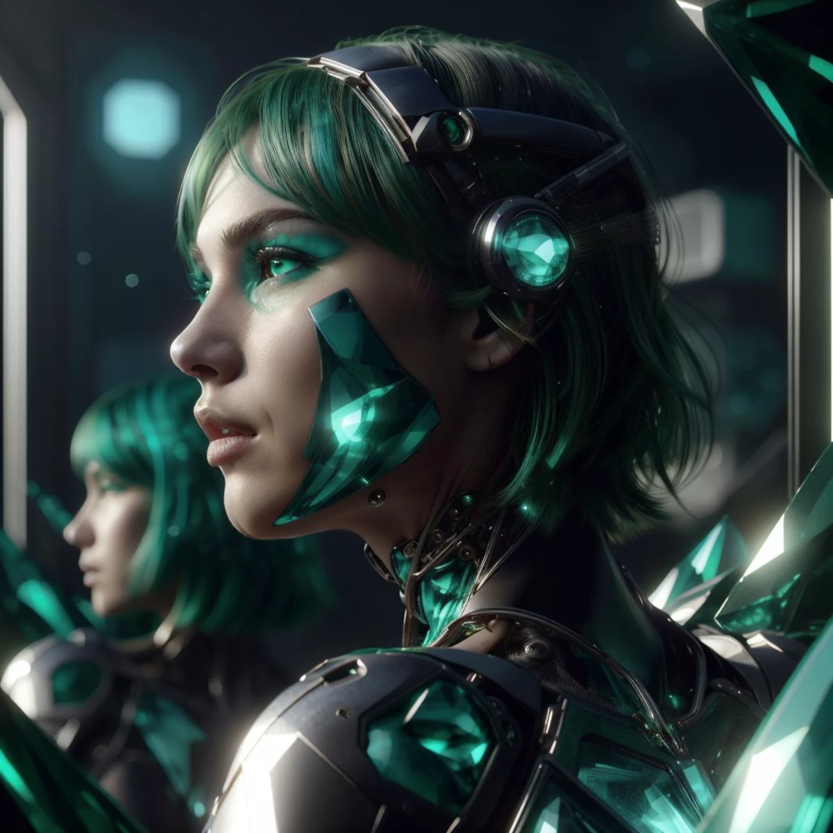 <lora:GemTech-22:1>, gemtech , scifi, elegant , inner details , internal reflections , (emerald ), cyberpunk,
1girl, bob cut, green hair,