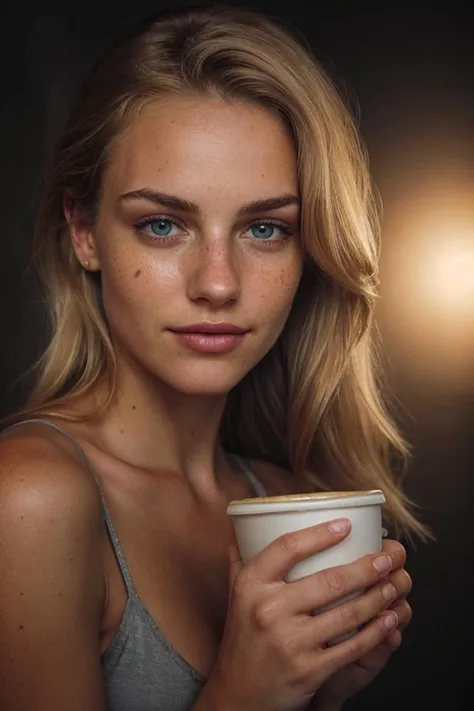 holding coffee, amateur style, (muted colors, cinematic, dim colors, soothing tones:1.2), vibrant, insanely detailed, hyperdetailed, (dark shot:1.2), (vsco:0.3), soft lighting, high quality, textured skin, detailed pupils, visible skin detail, skin fuzz, feminine expressions, blonde hair, dark blonde hair, medium breasts, thick thighs, realistic photo, young, cute, 18 years old, highly detailed, RAW photo,  skin pores, skin fuzz, vellus hairs, subsurface scattering