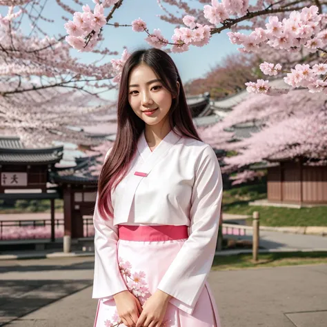 film grain and (medium full shot:1.2) and 8K HD RAW photo of one of the most beautiful korean young woman from instagram.com and fair light white skin and red eye shadow and (standing in front of sakura trees) and (hands in front of body) and wearing a beautiful pink red hanbok and smiling innocently at the audience and She has beautiful detailed fingers