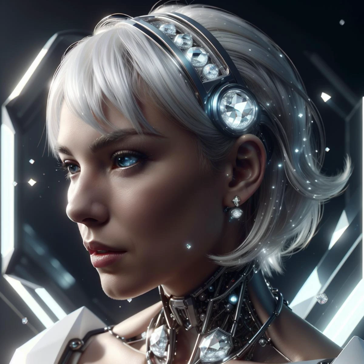 <lora:GemTech-22:1>, gemtech , scifi, elegant , inner details , internal reflections , (diamond ), cyberpunk,
1girl, bob cut, white hair,
