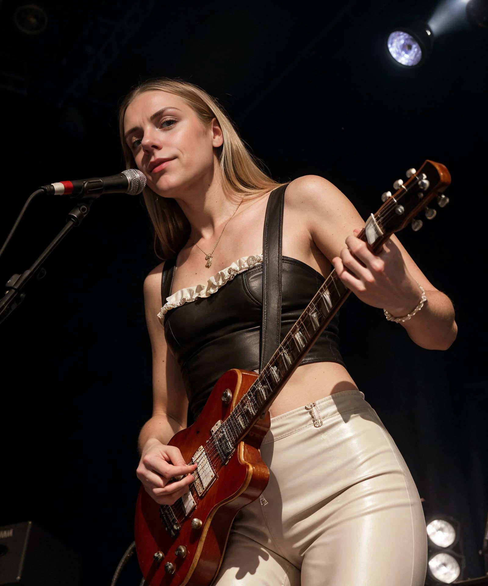 Renaissance \(style\) photo of fit, thin 21 year old jp-Sveta928-1075 , Hair in da Vinci style, pale makeup , Classic ruffled collar, leather pants, electric guitar , Modern rock concert, amps & stage lights , Panasonic Lumix GH5, 42.5mm f/1.7, 1/160s, ISO 640