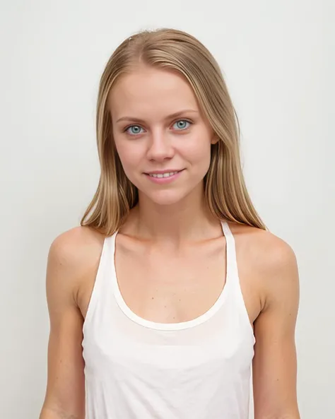 RAW, 85mm, f1.2, full body photograph of 21 year old jp-SvetaF-v2 smiling, wearing white panties and white tank-top t-shirt, white background, detailed eyes