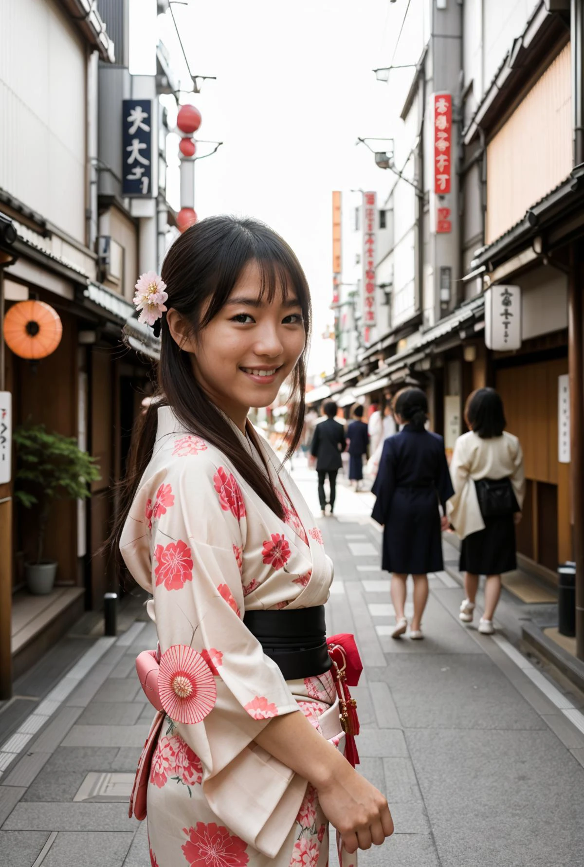 one Japanese woman, on a street in tokyo, wearing a kimono, RAW Photo, DSLR, (depth of field), traditional hair, playful pose, 27yo, smiling, stunning sunny weather, high angle shot, soft lighting,