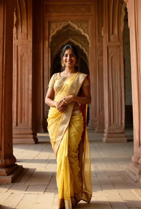 one Indian woman, at crowded Taj Mahal, wearing a sari, RAW Photo, DSLR, (depth of field), traditional hair, playful pose, 27yo, smiling, stunning sunny weather, bokeh, soft lighting,