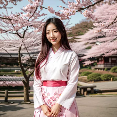 film grain and (medium full shot:1.2) and 8K HD RAW photo of one of the most beautiful korean young woman from instagram.com and fair light white skin and red eye shadow and (standing in front of sakura trees) and (hands in front of body) and wearing a beautiful pink red hanbok and smiling innocently at the audience and She has beautiful detailed fingers