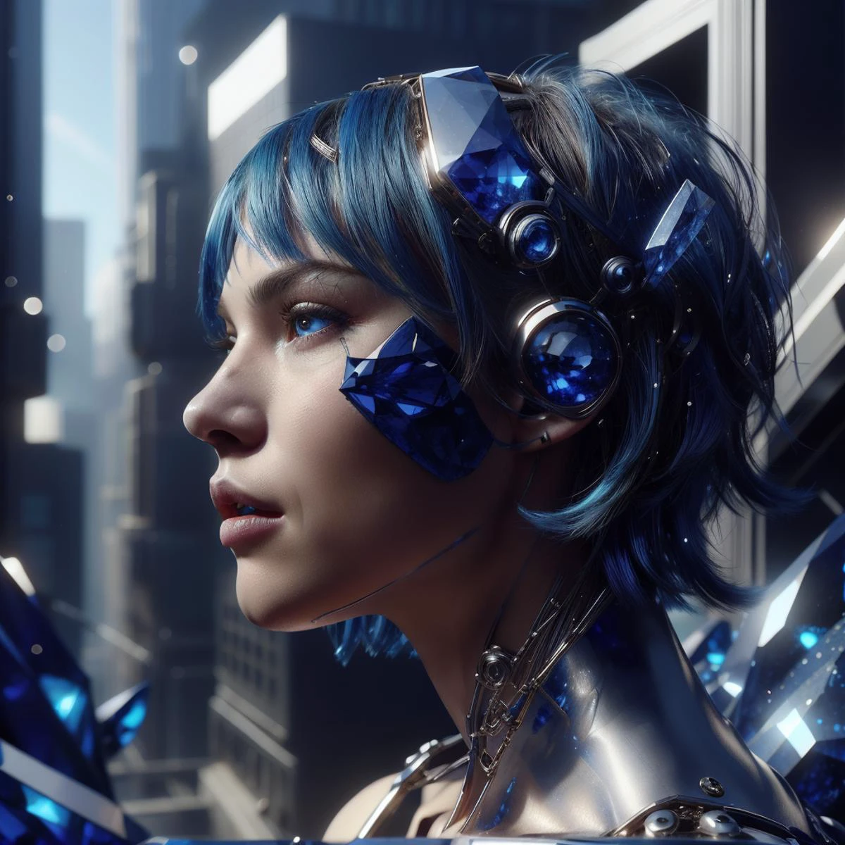 <lora:GemTech-22:1>, gemtech , scifi, elegant , inner details , internal reflections , (sapphire,), cyberpunk,
1girl, bob cut, blue hair,
