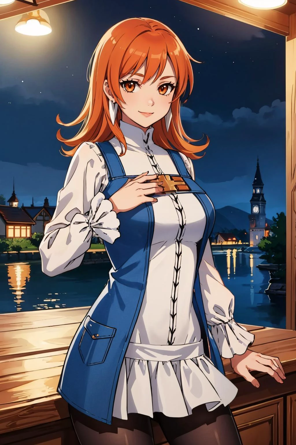 masterpiece, best quality, village, river, looking at viewer, smile, night
<lora:refia-nvwls-v1:1> refia, orange hair, short dress, pantyhose,