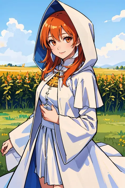 masterpiece, best quality, <lora:refia-nvwls-v1-000009:0.9> refia, orange hair, hood, white cloak, white dress, red trim, looking at viewer, standing, outdoors, field, smile
