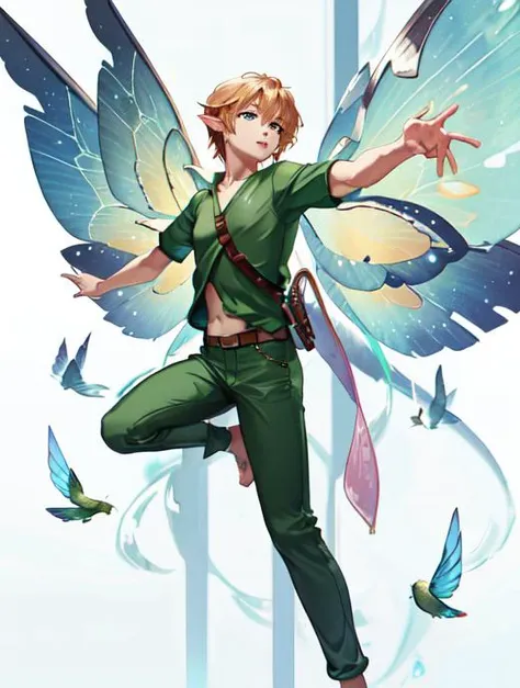 best quality, masterpiece, highres, detailed, perfect anatomy, fairy, wings,  <lyco:Fairy-09:0.7>, 1boy, link, tiny, green shirt, green pants,