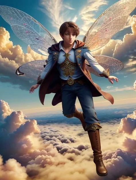 best quality, masterpiece, highres, detailed, perfect anatomy, fairy, wings,  <lyco:Fairy-09:0.7>, 1boy, brown hair boy flying above the clouds overlooking a fantasy castle