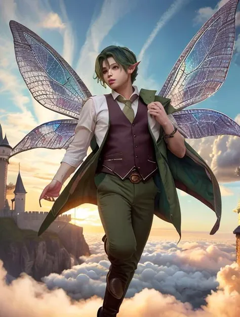 best quality, masterpiece, highres, detailed, perfect anatomy, fairy, wings,  <lyco:Fairy-09:0.7>, 1boy, green hair boy with a vest flying above the clouds with a castle below him