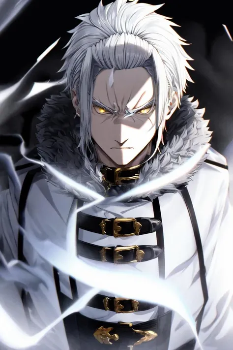 <lora:Orsted:1> Orsted, solo, man, 1boy, male focus, white hair, short hair, yellow eyes, angry, looking at viewer, upper body, emotionless face, expressionless face, belt, coat, black fur trim, <lora:add_detail:.5>
