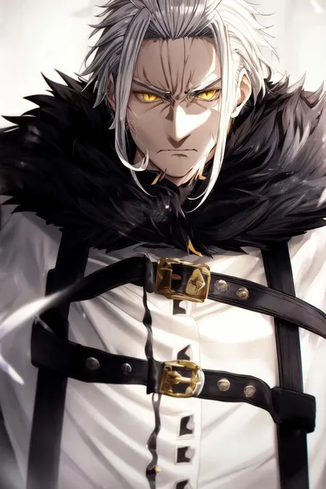 <lora:Orsted:1> Orsted, white hair, yellow eyes, frown, middle-aged, black fur trim, white coat, cowboy shot, masterpiece, best quality, <lora:add_detail:1>