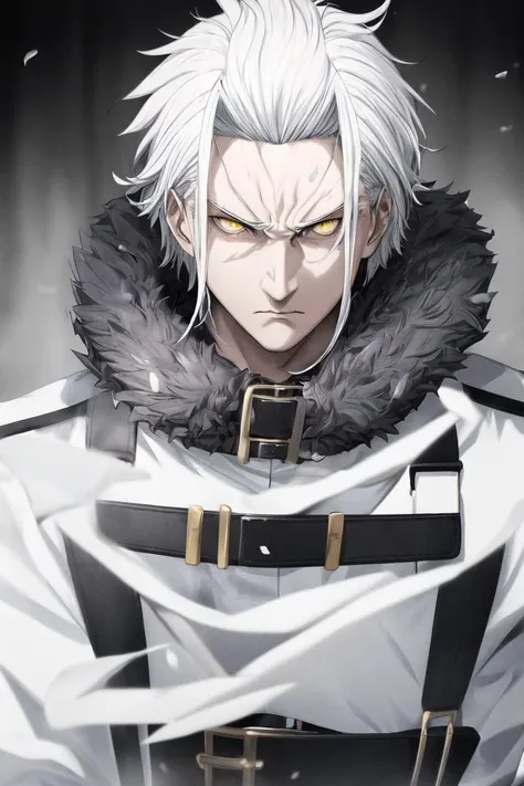 <lora:Orsted:1> Orsted, solo, man, 1boy, male focus, white hair, short hair, yellow eyes, angry, looking at viewer, upper body, emotionless face, expressionless face, belt, coat, black fur trim, <lora:add_detail:.5>