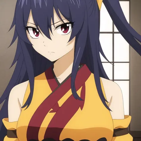masterpiece, best quality, highly detailed, highres, hdr, extremely detailed illustration, detailed face, homurakougetsu, 1girl, breasts, looking at viewer, black hair, bow, ribbon, bare shoulders, very long hair, blue hair, hair ribbon, ponytail, detached sleeves, japanese clothes, kimono, sash, obi, sleeveless kimono, yellow kimono, <lora:Homura_EdensZero-10:0.75>, upper body, close-up,
