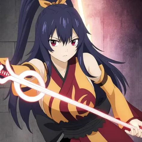 masterpiece, best quality, highly detailed, highres, hdr, extremely detailed illustration, (detailed face), homurakougetsu, 1girl, solo, breasts, looking at viewer, black hair, ribbon, holding, medium breasts, blue hair, hair ribbon, ponytail, detached sleeves, japanese clothes, kimono, holding weapon, sideboob, holding sword, sleeveless  kimono, energy sword, <lora:Homura_EdensZero-10:0.75>,