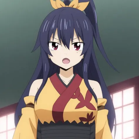 homurakougetsu, 1girl, breasts, looking at viewer, open mouth, black hair, bow, ribbon, bare shoulders, very long hair, blue hair, hair ribbon, ponytail, detached sleeves, japanese clothes, kimono, sash, obi, sleeveless kimono, yellow kimono,  <lora:Homura_EdensZero-10:0.75>